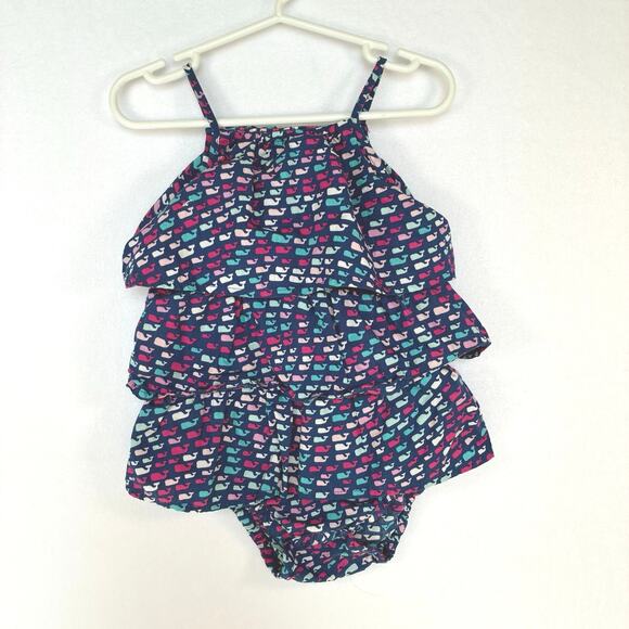 Vineyard Vines Baby Girl Tiered Ruffles Romper 12m Multicolor Whale Print Ocean - Picture 5 of 5